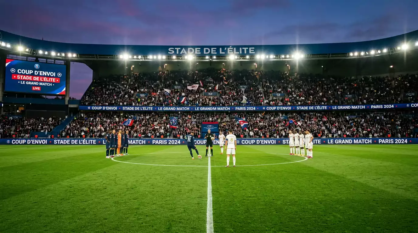 Vue large d'un stade de Premier League au coup d'envoi, projecteurs allumés et tribunes pleines